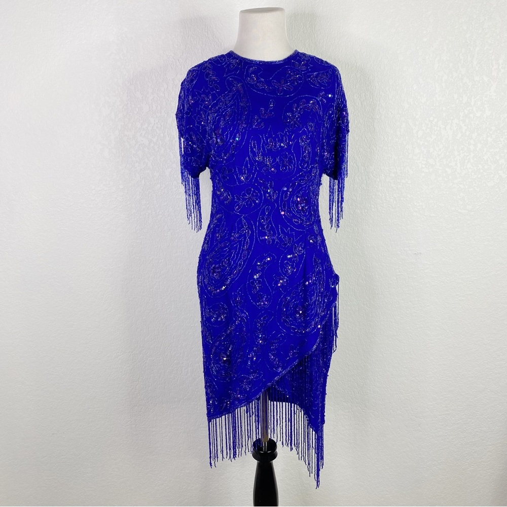 Vintage Laurence Kazar Blue Beaded Fringe 80s Cocktail Dress
